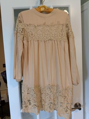 Young 17 Neutral Lace Panel Long Sleeve Tunic Dress Cream Beige Women Size L NWT